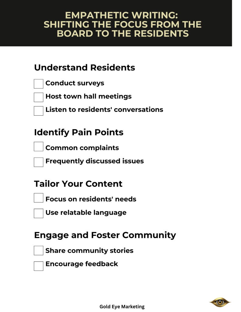 A checklist titled "Empathetic Writing: Shifting the Focus from the Board to the Residents" featuring sections for understanding residents, identifying pain points, tailoring content, and engaging the community.