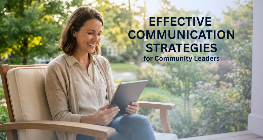 A smiling woman sitting on a sunny porch looking at a tablet, next to the course title: Effective Communication Strategies for Community Leaders.